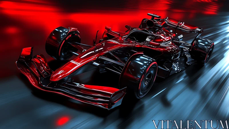 Scarlet hypercar rockets through neon-lit velocity tunnel.