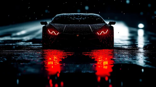 Midnight supercar waits in the rain with glowing red light.