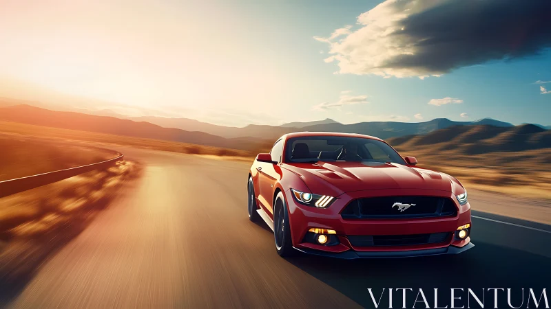 Red sports coupe on open desert highway at sunset.