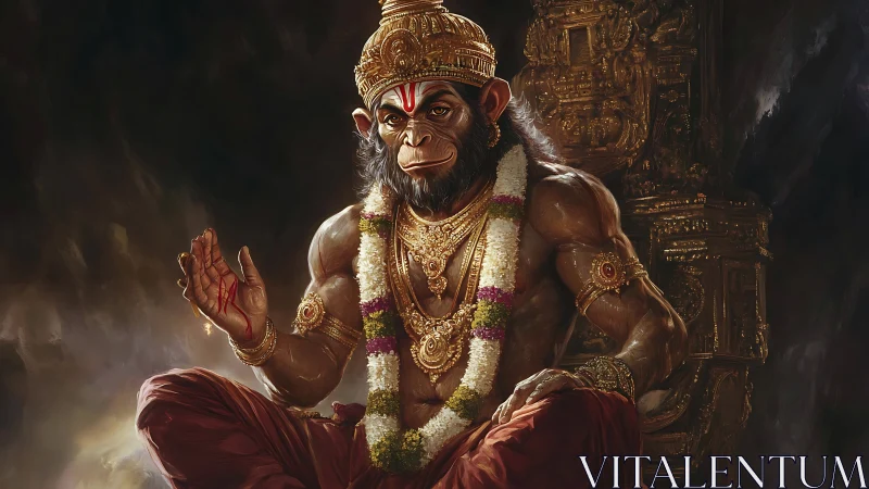 Majestic monkey deity sits in calm, golden spiritual grace