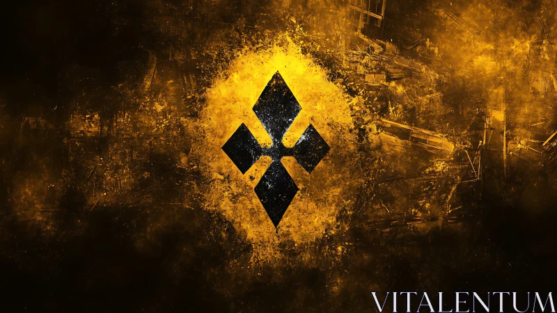 Golden chaos swirling around dark geometric emblem.