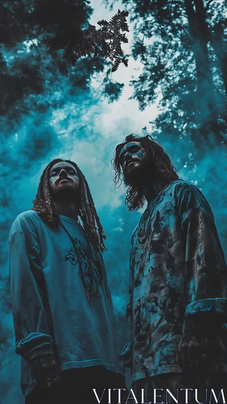 Moody portrait of two figures under blue forest haze.