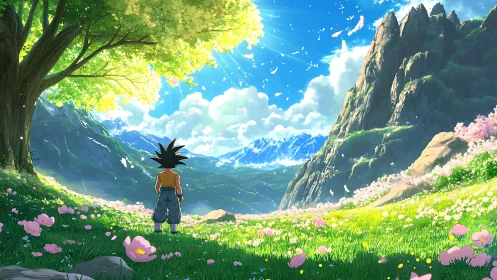 Anime boy in sunlit mountain meadow under blooming tree.