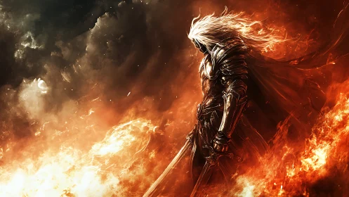 Armored fire knight strides through blazing battlefield inferno