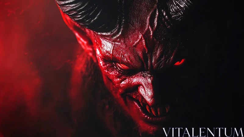 Demonic horned face glows red under dramatic low key lighting