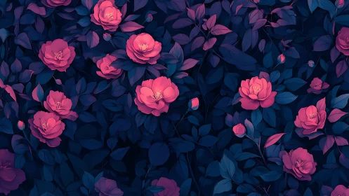 Luminous Blooms in Nocturnal Garden with Vibrant Pink Roses