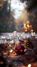 Christmas ornaments and lights on forest floor at dusk.
