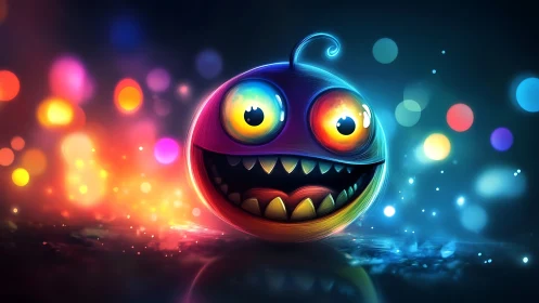 Glowing cartoon monster orbits within neon bokeh lights