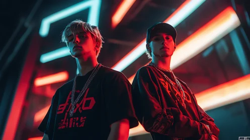 Neon-lit street style duo under bold electric city glow.