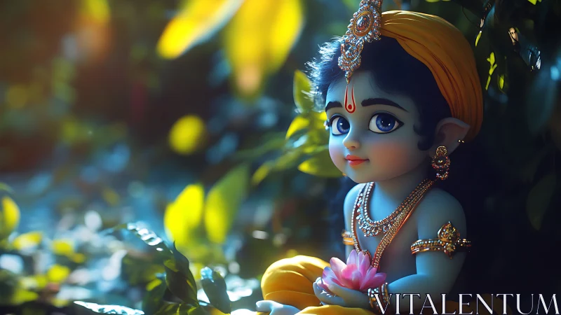 Childlike blue-skinned deity idol sits in foliage with lotus