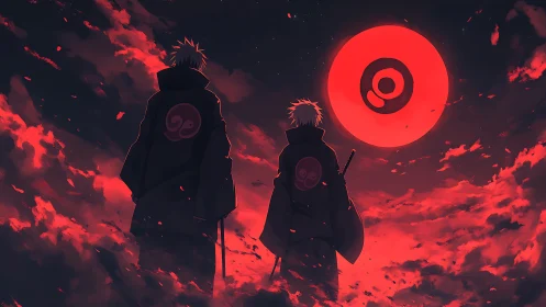 Two cloaked figures observe large red moon in stylized sky