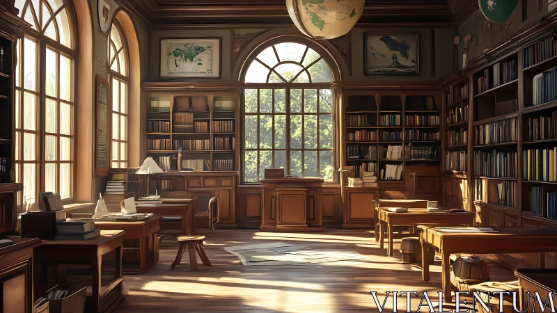 Sunlit wooden library interior shows desks, bookshelves, and maps