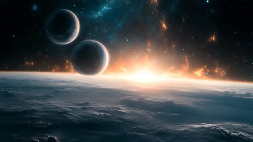 Gentle sunrise over alien clouds and twin silent moons.