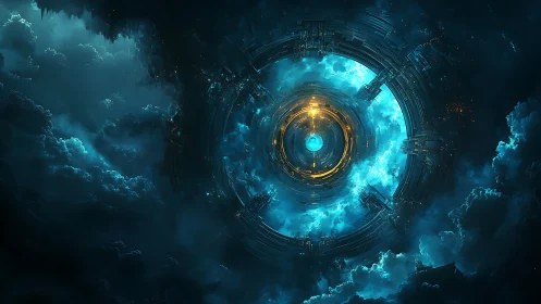 Starlit sky portal circling a glowing cosmic doorway.
