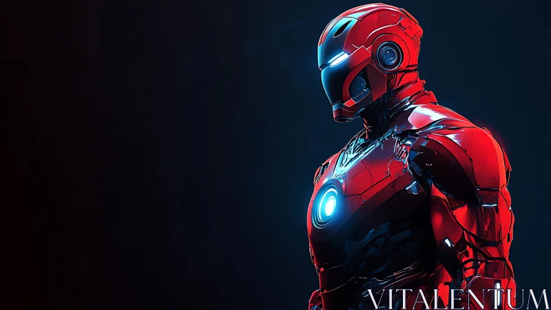 Radiant red armored hero stands poised in a quiet blue glow
