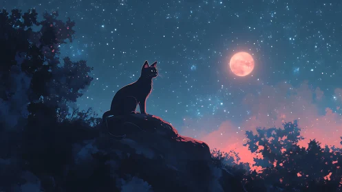 Silhouetted cat observes glowing full moon in gradient night sky