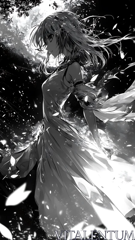 Solitary anime heroine in moonlit storm of drifting petals.