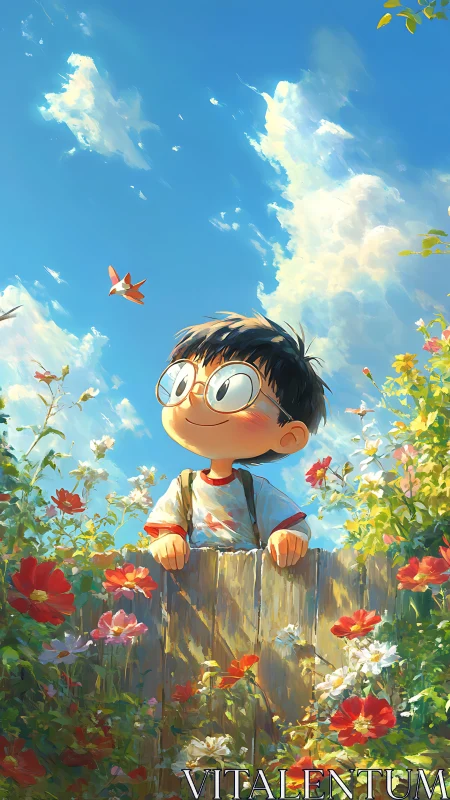 Boy with glasses at wooden fence under vibrant summer sky