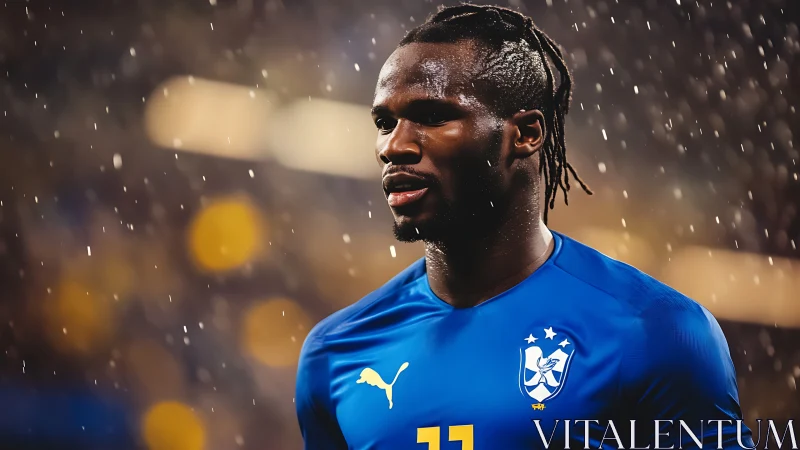 Photorealistic stadium portrait of footballer in rainstorm.