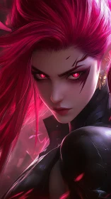 Crimson-eyed warrior with luminous scarlet hair stares