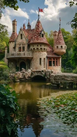 Storybook stone castle reflected in tranquil lily pond.