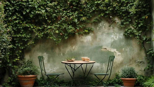 Small metal patio set against ivy-covered courtyard wall.
