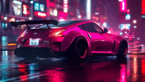 Neon pink sports car glows warmly on a rainy night street