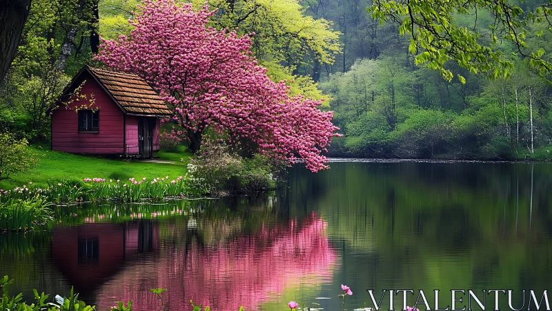 Pink lakeside cabin beneath blooming cherry tree reflection.