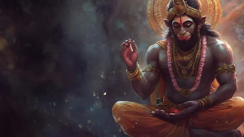 Divine simian deity in meditative digital artwork.