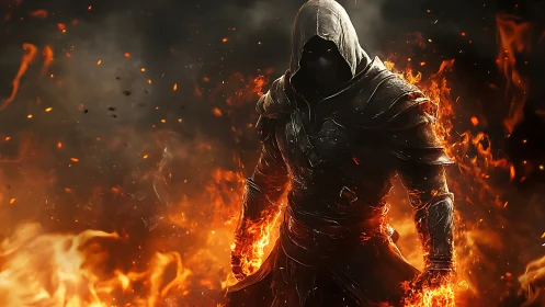 Hooded fire warrior emerges from blazing inferno storm
