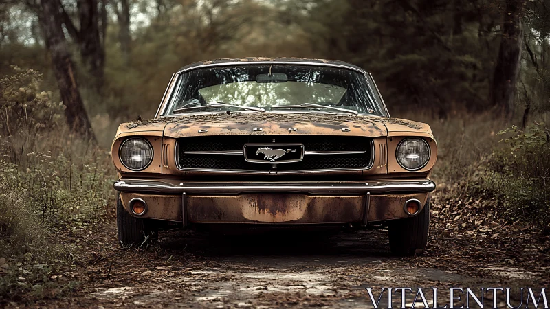 Weathered classic Mustang rests abandoned on forest track