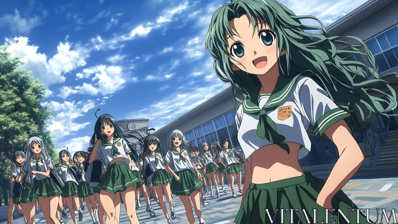 Anime schoolgirls in dynamic campus perspective composition.