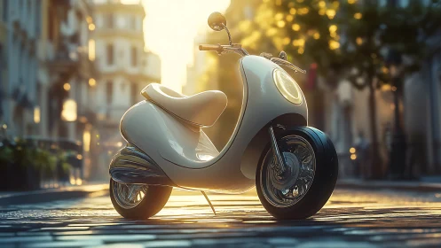 Futuristic white scooter stands on sunlit cobblestone street