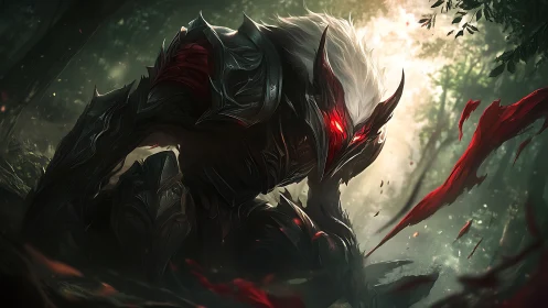 Armored creature with red eyes in dense forest setting.