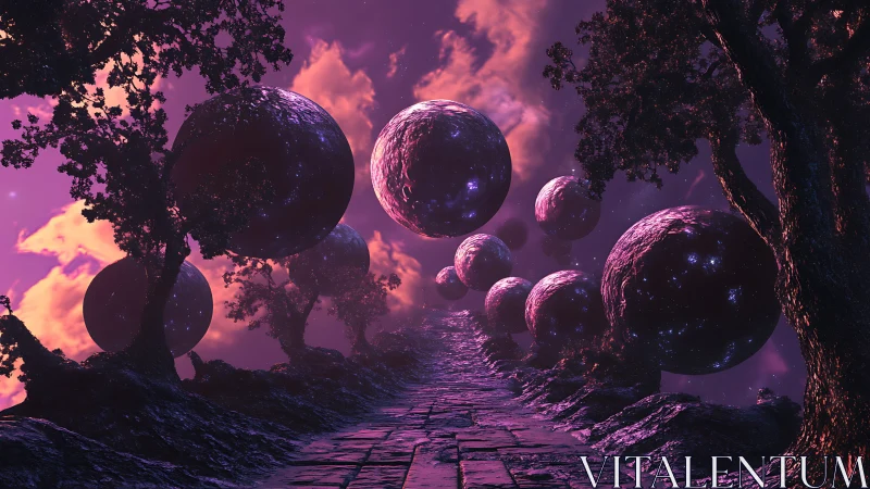 Starlit orbs drift above a violet cosmic forest path.