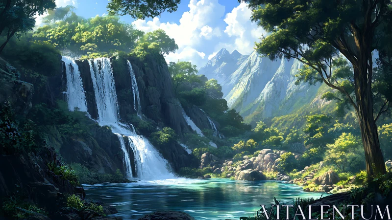 Sunlit mountain waterfall descends into clear forest lagoon