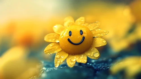 Photorealistic macro smiling sunflower icon with dew droplets.