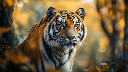 Adult tiger in autumn forest habitat, frontal portrait view.