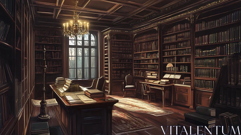 Quiet classic library study with wood shelves and desks.