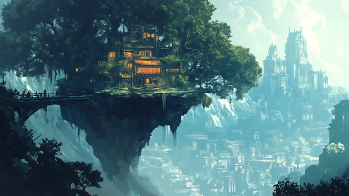 Floating Mansion Overlooking Sky City Towers in Luminous Haze