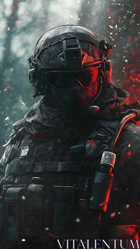 Armored tactical operator in red-lit high contrast portrait