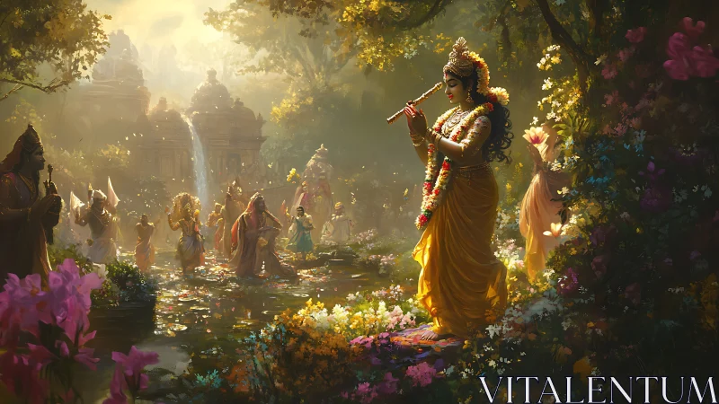 Flute-playing deity illuminates ornate forest temple procession