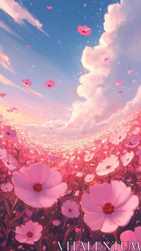 Sweeping pink cosmos field curves into a luminous sunset sky