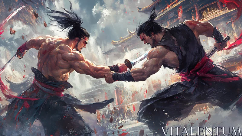 Twin stormblades collide in a crimson rooftop showdown.