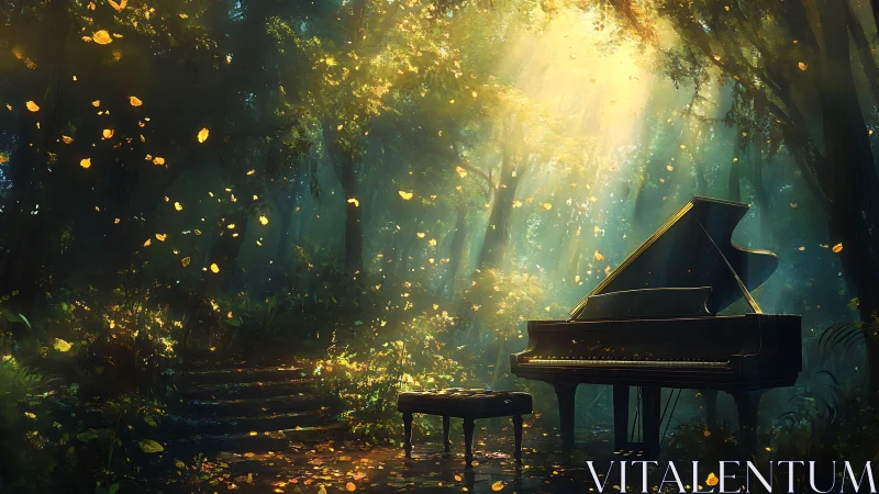 Grand piano rests in sunlit forest clearing with falling leaves