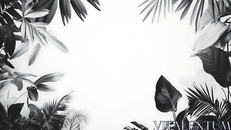 Monochrome tropical leaves frame with negative space center.