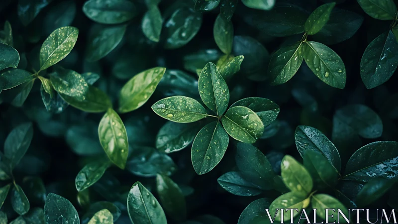 Macro foliage closeup with dew droplets on glossy green leaves