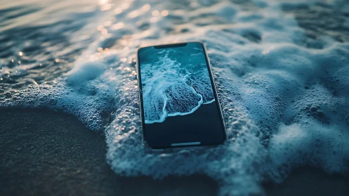 Smartphone lies in foamy seawater on a sandy shore.