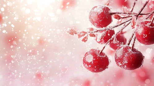 Frost‑kissed scarlet berries sparkling in hush of snowfall.