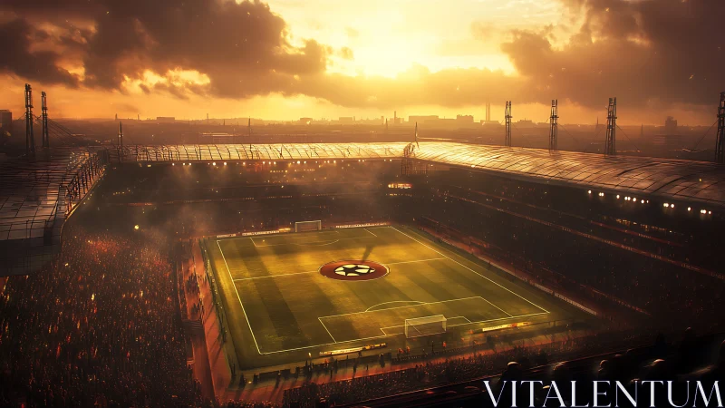 Golden sunset embraces a packed football stadium in glow